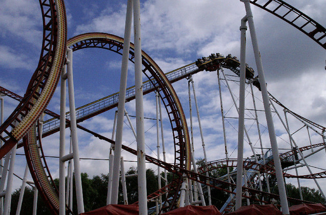 Roller Coaster with Loops, and blue sky in background